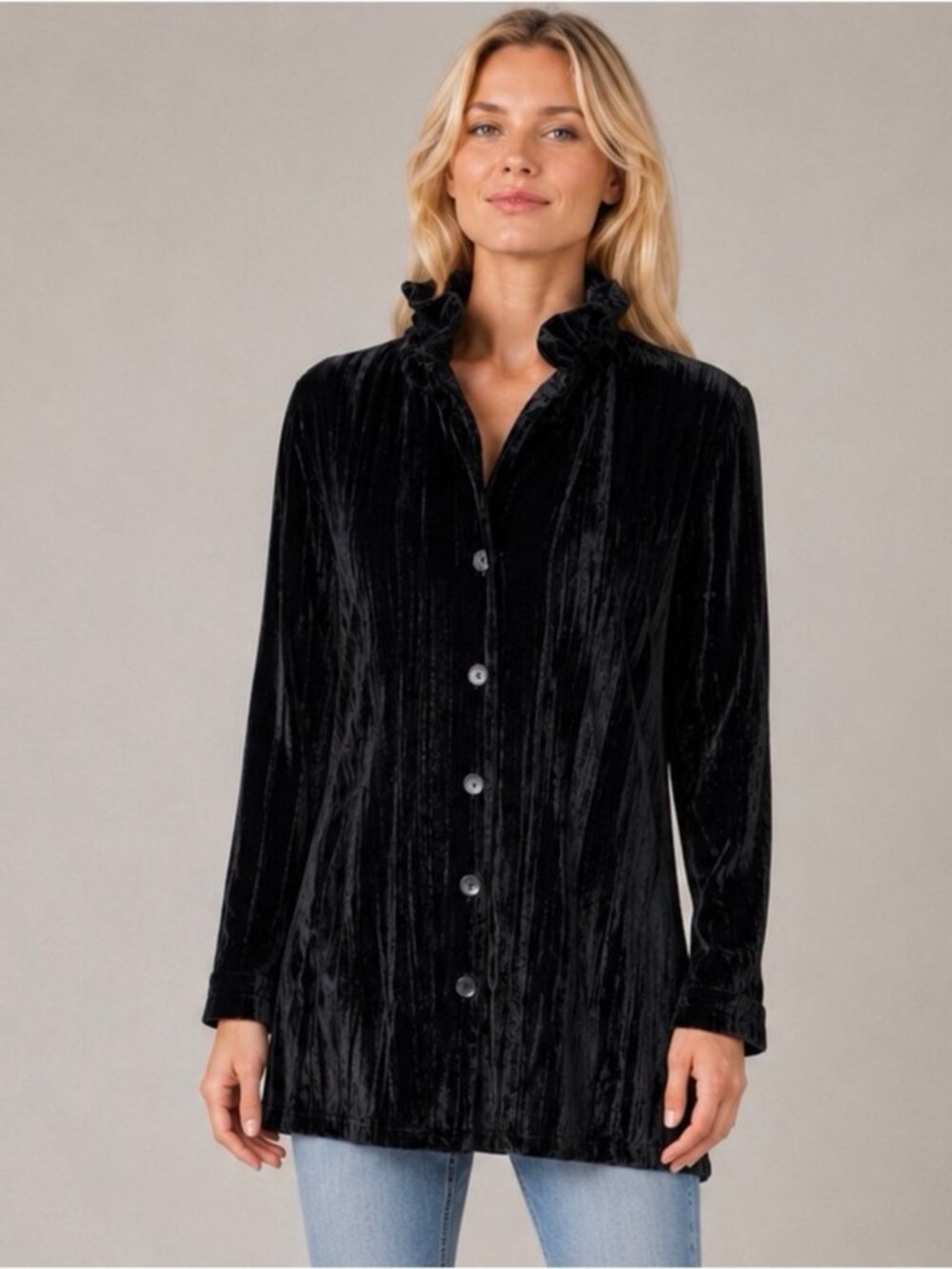 CAROLINE ROSE Black Crushed Velvet Button Front Tunic Top Size S